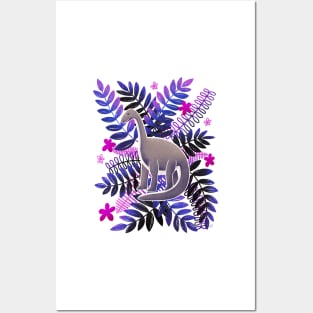 Dinosaur & Leaves - Neon Pink and Purple Posters and Art